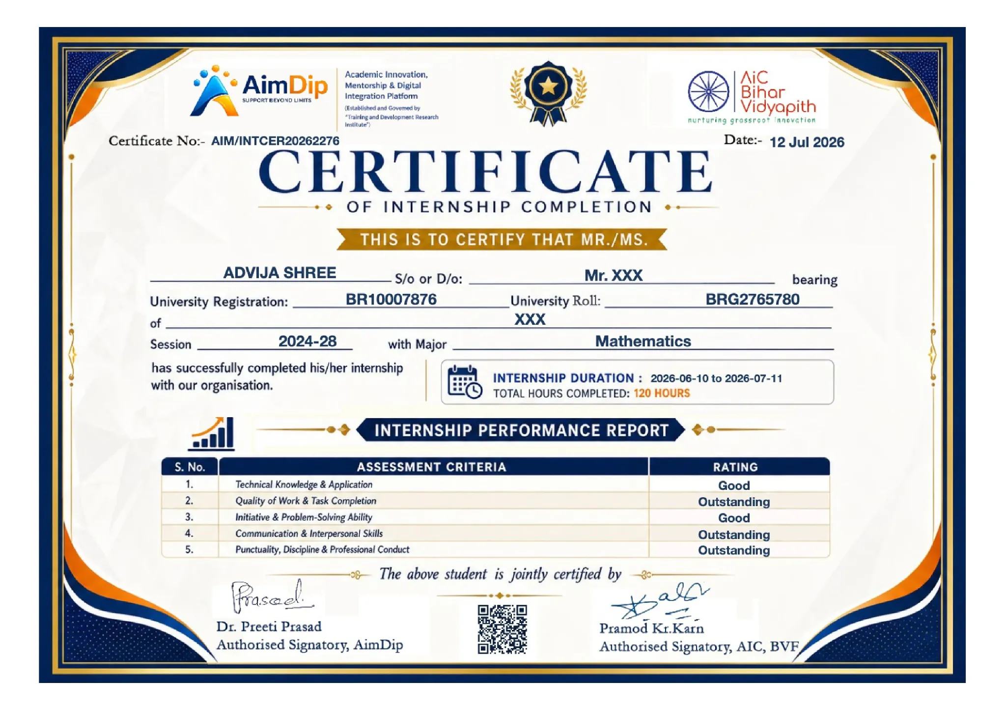Internship completion certificate