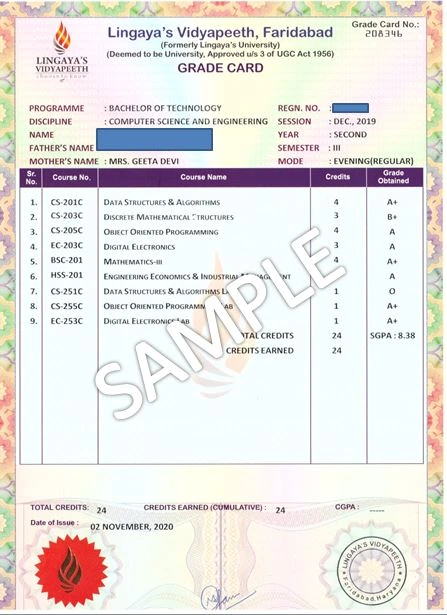 Lingaya’s Vidyapeeth grade card certificate