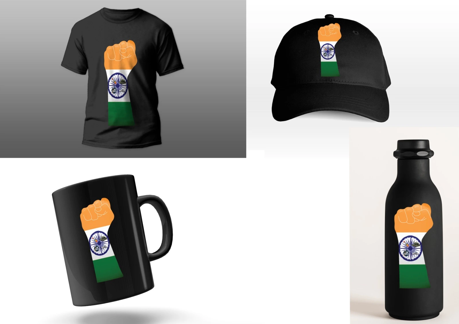 Digital merchandise mockup featuring an India-themed graphic on a shirt, cap, mug and bottle